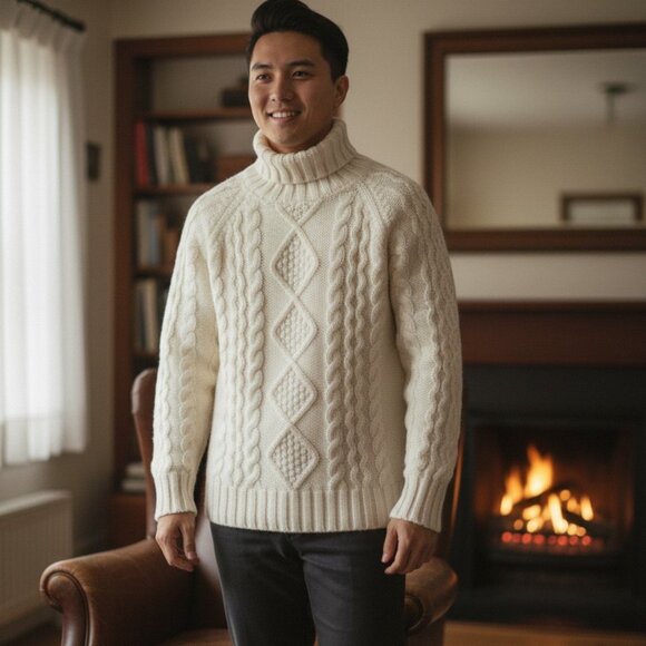 WoolOvers Men's Off-White Turtleneck Sweater British Wool Cable Knit Size Small - Picture 1 of 10